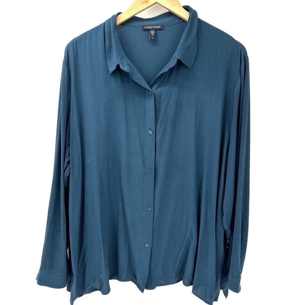 Eileen Fisher 100% Silk Button Front Blouse Washable Silk Georgette Teal Size 1X